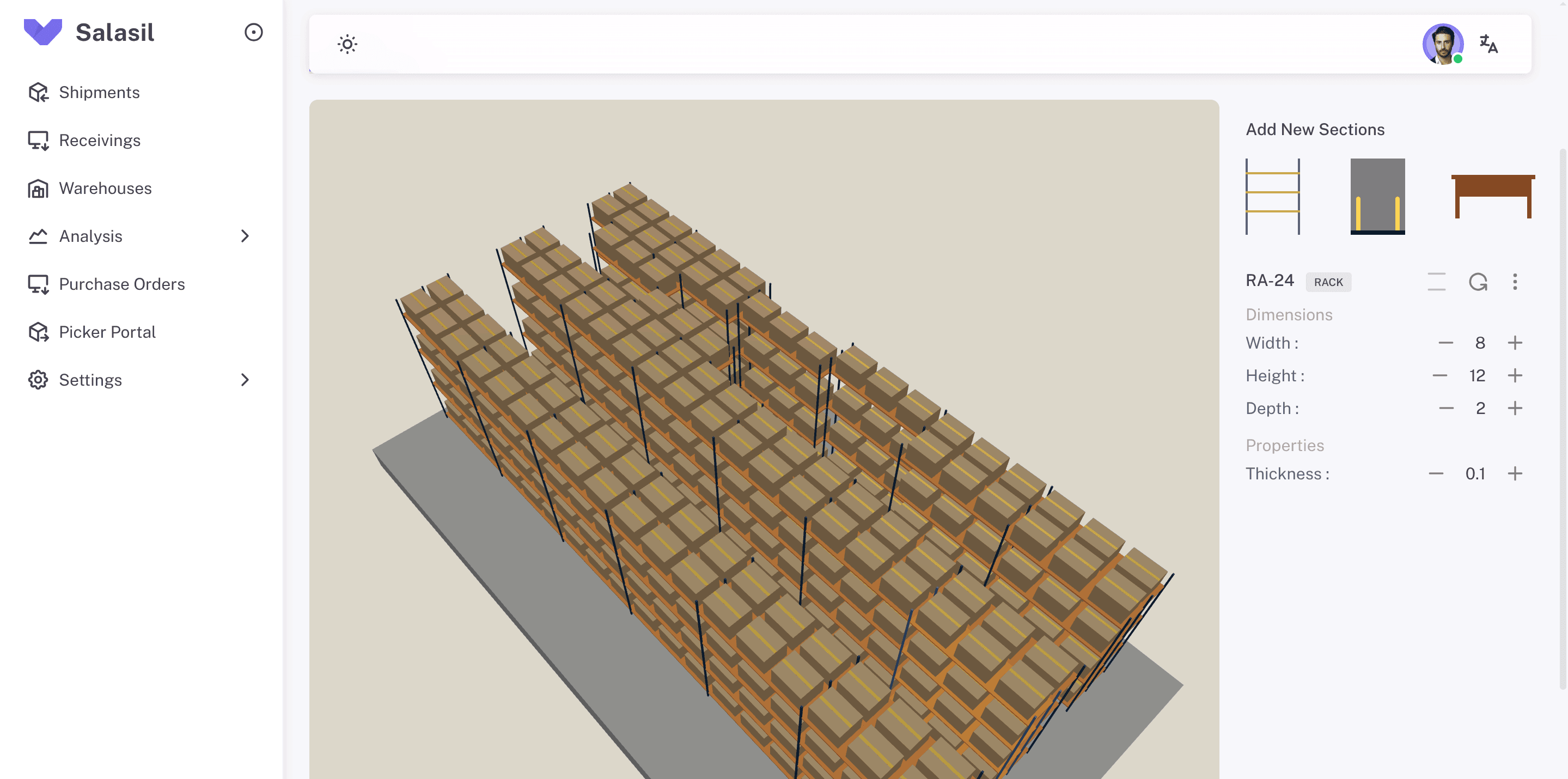 Salasil warehouse management interface showing a three-dimensional warehouse layout